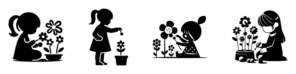 Modern Minimalist Girl Playing with Toy Flower Set Icon, Flat Silhouette of a Childhood Fun Vector for Garden Illustration Design