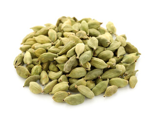 Pile of cardamom spice on white background