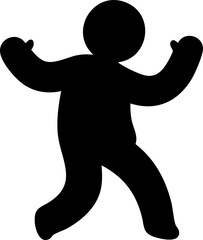 Create a black silhouette of a person with arms raised, legs bent in motion, isolated on a plain white background, evoking a joyful mood.
