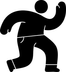 A black silhouette of a person running with one arm raised, wearing pants, depicted in a simple, flat, vector graphic style.
