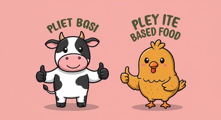 Cute cartoon cow and chick giving thumbs up with text 'PLIET BASI' and 'PLEY ITE BASED FOOD' on a pink background, representing food choices.