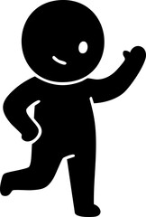 A black silhouette of a cheerful cartoon figure waves, one leg raised, against a plain white background, creating a simple, inviting digital illustration.
