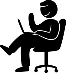 A black stick figure sits relaxed in a rolling chair with a laptop, one leg crossed, against a plain white background.
