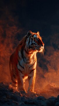 A powerful tiger stands amidst fiery, dramatic smoke, showcasing a majestic and fierce presence against a dark backdrop.