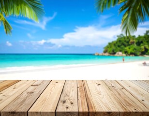 Wooden deck overlooking a tropical beach