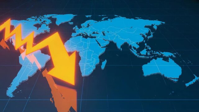 Dramatic global economic downturn animation as a bold orange arrow plummets across a stylized world map, showcasing market volatility and recession fears in a modern, eye-catching style