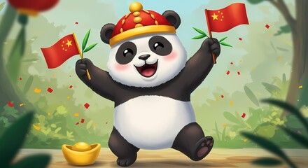 A cheerful panda celebrates with Chinese flags and a traditional hat, embodying cultural festivity and joy.