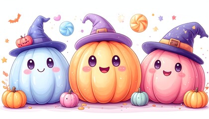 Cute Kawaii Halloween Pumpkins with Witch Hats and Candy Illustration