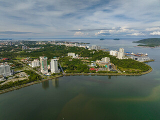 Aerial view of panorama of Kota Kinabalu city with modern buildings. Borneo,Sabah, Malaysia.