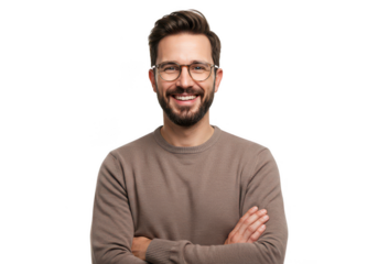 Smiling man with glasses arms crossed wearing a sweater studio portrait transparent background