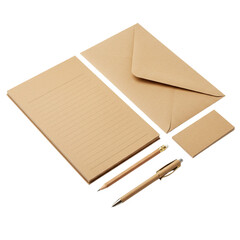 Brown stationery set, including notepad, envelope and pen on a transparent isolate background