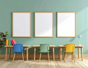 Bright and Minimalist Workspace with Three Empty Frames and Chairs