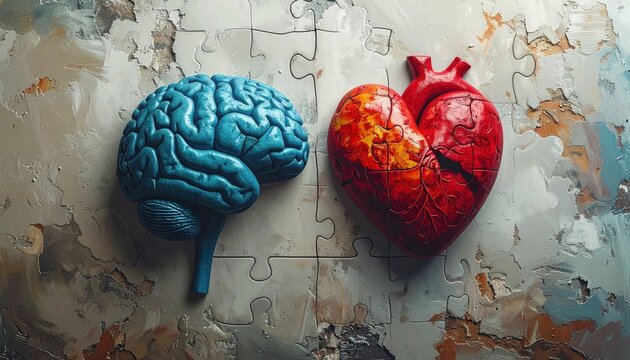 Brain and Heart Puzzle Concept Symbolizing Emotion and Intelligence
