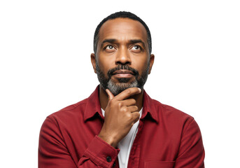 Man with beard deep in thought looking upward with chin resting on hand transparent background