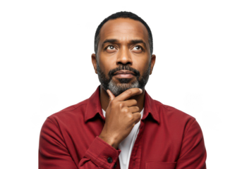 Man with beard deep in thought looking upward with chin resting on hand transparent background