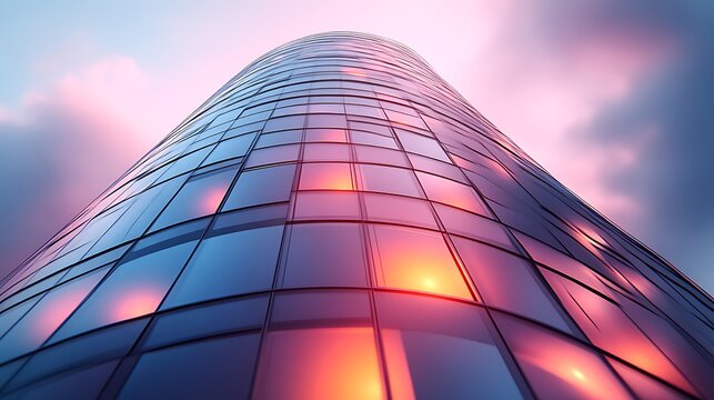 Modern glass tower reaching towards a vibrant sunset sky.  The building's curved facade is covered in rectangular glass panels, reflecting the warm hues of the setting sun