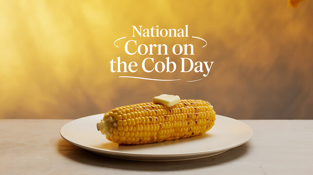 A single ear of corn on the cob with butter on a white plate, celebrating National Corn on the Cob Day