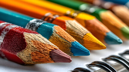 Close-up of several well-used colored pencils on a spiral notebook.