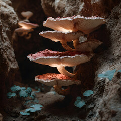 Close-up of shelf mushrooms growing on a dark, textured surface.