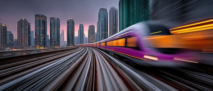 Fast-moving purple train with Dubai skyline background, long exposure motion blur effect capturing urban dynamics