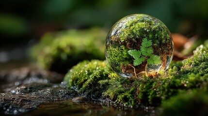 Glass sphere rests on mossy surface reflecting a small plant inside.