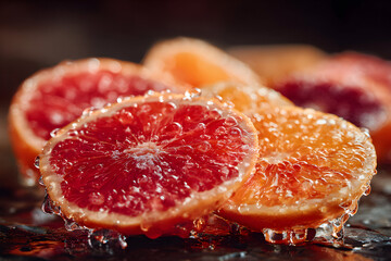 Close-up of sliced blood oranges and oranges on a dark surface.