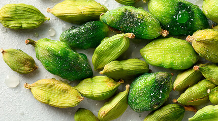 Close-up of shelled green cardamom pods scattered on a light gray surface.
