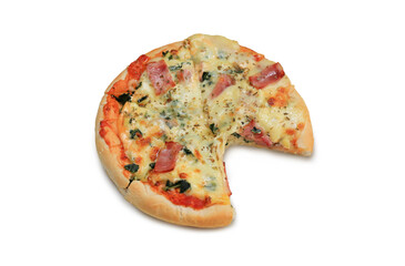 Pizza topped with cheese, spinach and bacon isolated on white background.