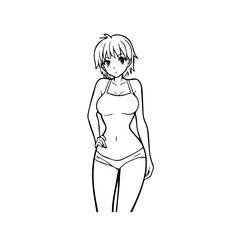 Black and white hot anime character line art illustration, stylish minimal outline drawing in clean style