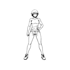 Black and white hot anime character line art illustration, stylish minimal outline drawing in clean style