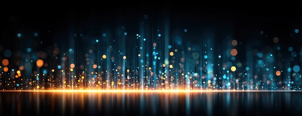 Futuristic cityscape with glowing skyscrapers and digital elements against a dark sky. Vector illustration for technology banners, web design, software engineering, and data science backgrounds