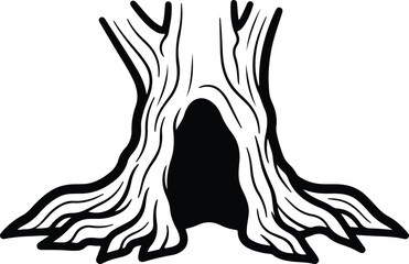 Vector Hollow tree trunk with roots and hole silhouette Illustrator