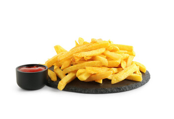 Black board with tasty french fries and bowl of ketchup on white background