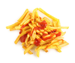 Tasty french fries with ketchup on white background