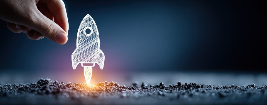 Award-Winning Website Banner Design: Hand-Drawn Pencil Rocket Launch with Finger Interaction on Deep Blue Starry Background, Symbolizing Innovation and Growth with Ample Copy Space
