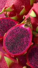 Close-up of sliced dragon fruit showing dark red flesh and black seeds.