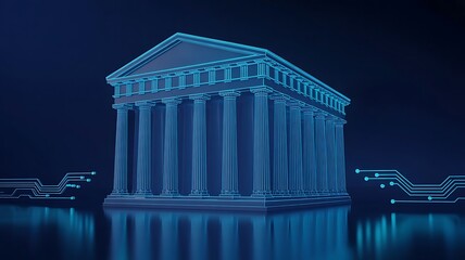 Obraz premium Futuristic Digital Illustration of a Classical Building Enhanced with Glowing Circuit Patterns, Symbolizing Modern Technology Integration