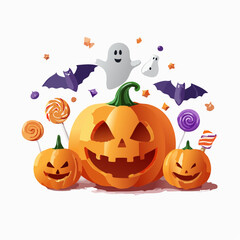 3D Halloween Icons Vector Set with Pumpkins and Ghosts