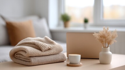 Warm Toned Interior with Stacked Knitwear Open Laptop and Vase on Table with Blurred Background Featuring Neutral Colors and Soft Lighting