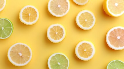Fototapeta premium Vibrant Yellow Background Lemon Slices Flatlay Pattern with Green Accents Fresh Citrus Fruits Overhead Shot Clean Eating and Refreshing Theme
