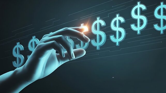 Futuristic Digital Hand Interacting With Floating Dollar Currency Icons on Virtual Interface