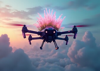 Drone Carrying a Floral Bloom Amidst Clouds