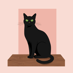 Black cat sitting on doorstep in flat vector illustration with clean lines and pastel background