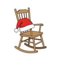 Santa hat resting on wooden rocking chair in flat vector illustration with clean lines and cozy holiday look 