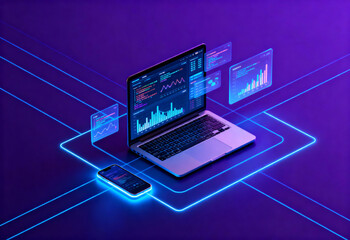 A laptop with financial graphs and a smartphone on a glowing purple background.