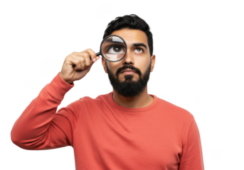 Man with beard uses magnifying glass to look closely at his eye focused inquiry transparent background