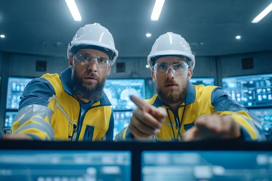 Technicians in safety helmets analyzing data in a control room.