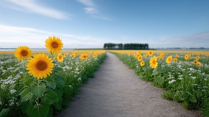 Vibrant Yellow Sunflower Field Under Bright Blue Sky with Distant Trees and Grey Path Leading to Horizon Under Natural Lighting