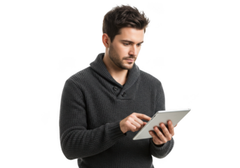 Focused man using digital tablet technology for business and learning transparent background