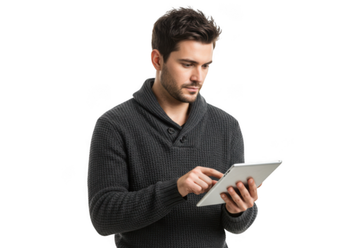 Focused man using digital tablet technology for business and learning transparent background